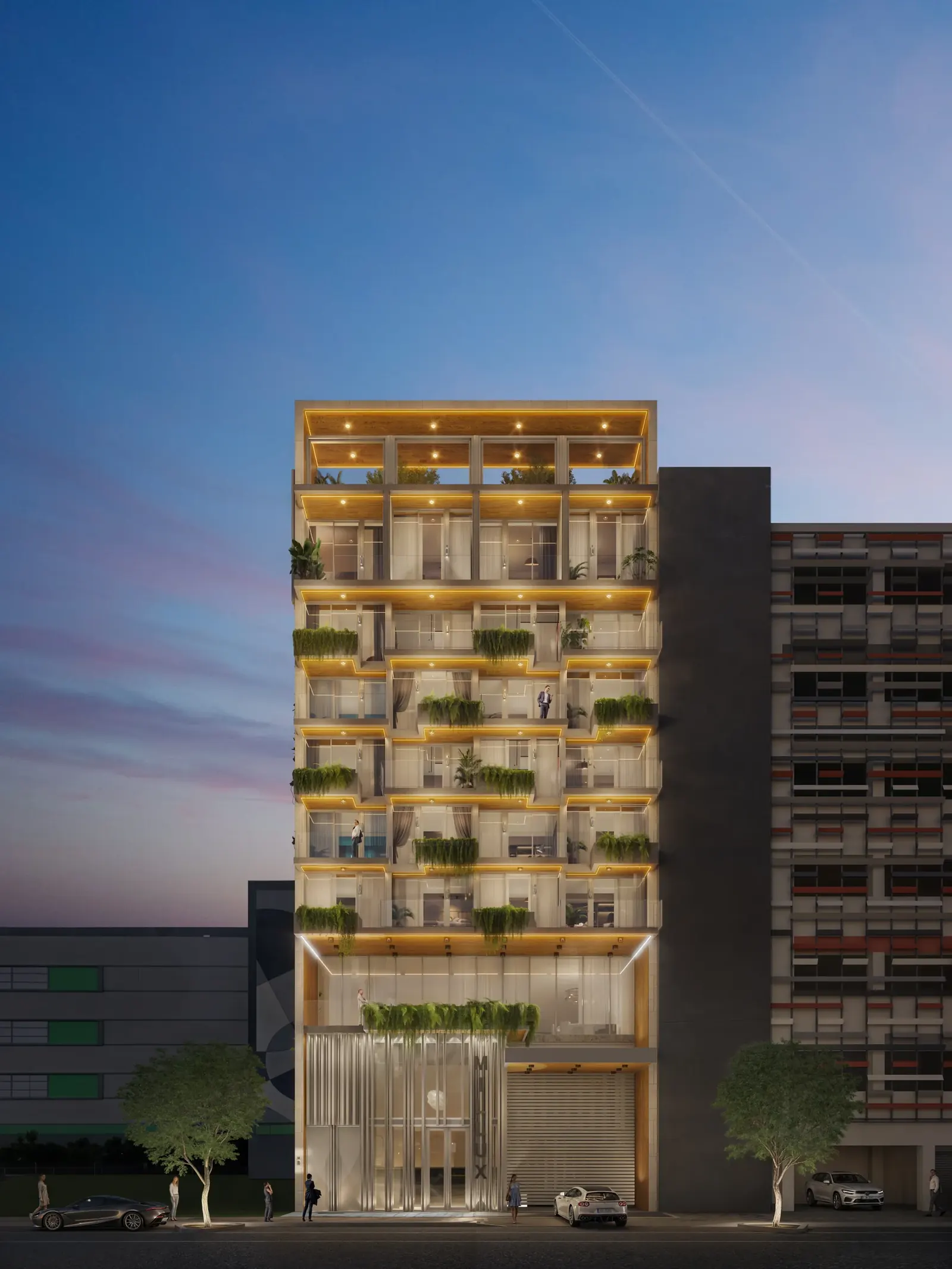 Millux Place — fachada de noche