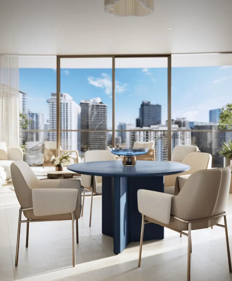 Comedor en residencia One Twenty Brickell con vistas al skyline